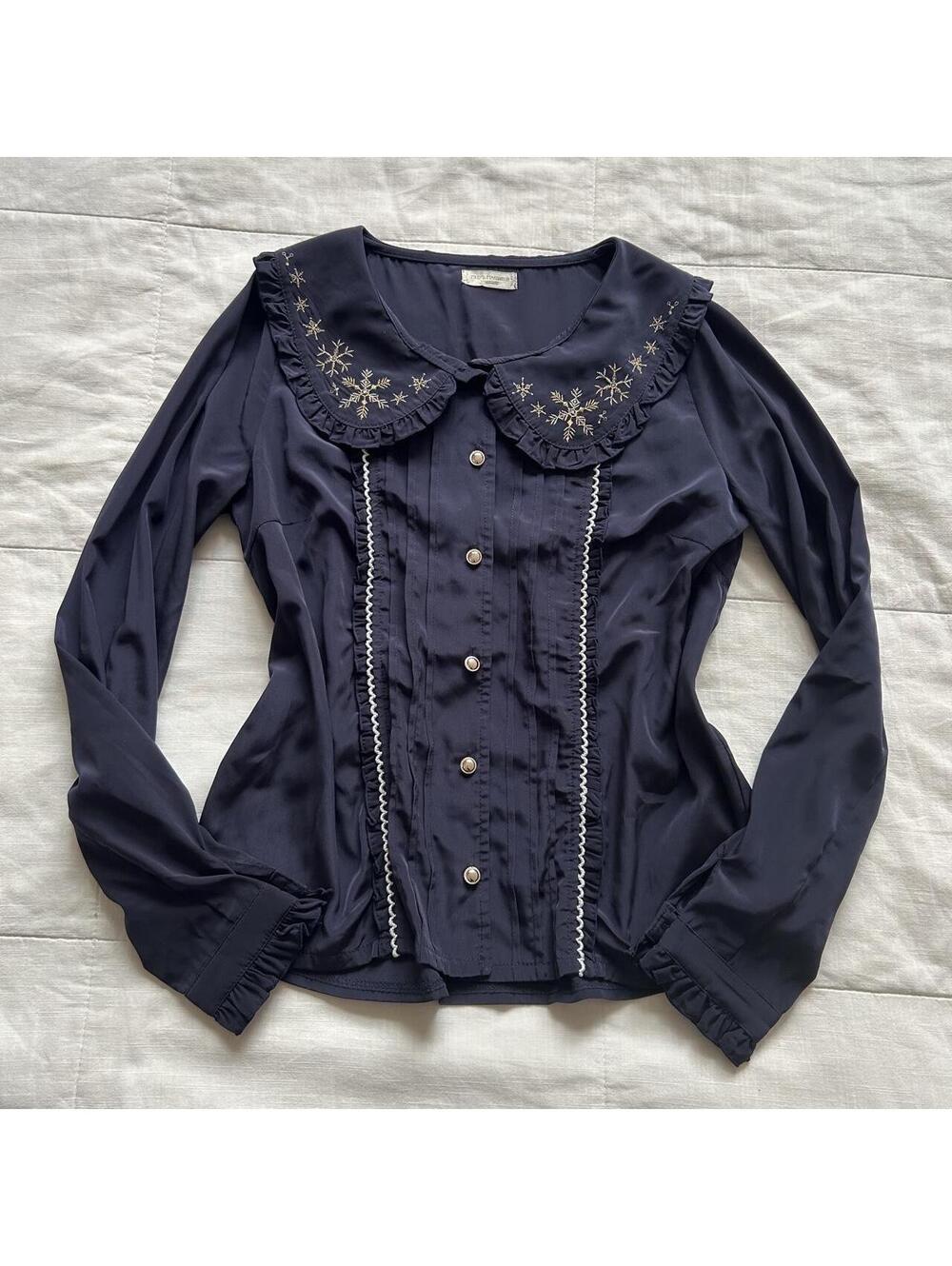 Axes Femme Navy Embroidered Peter Pan Collar Pintuck Blouse Medium Japan
